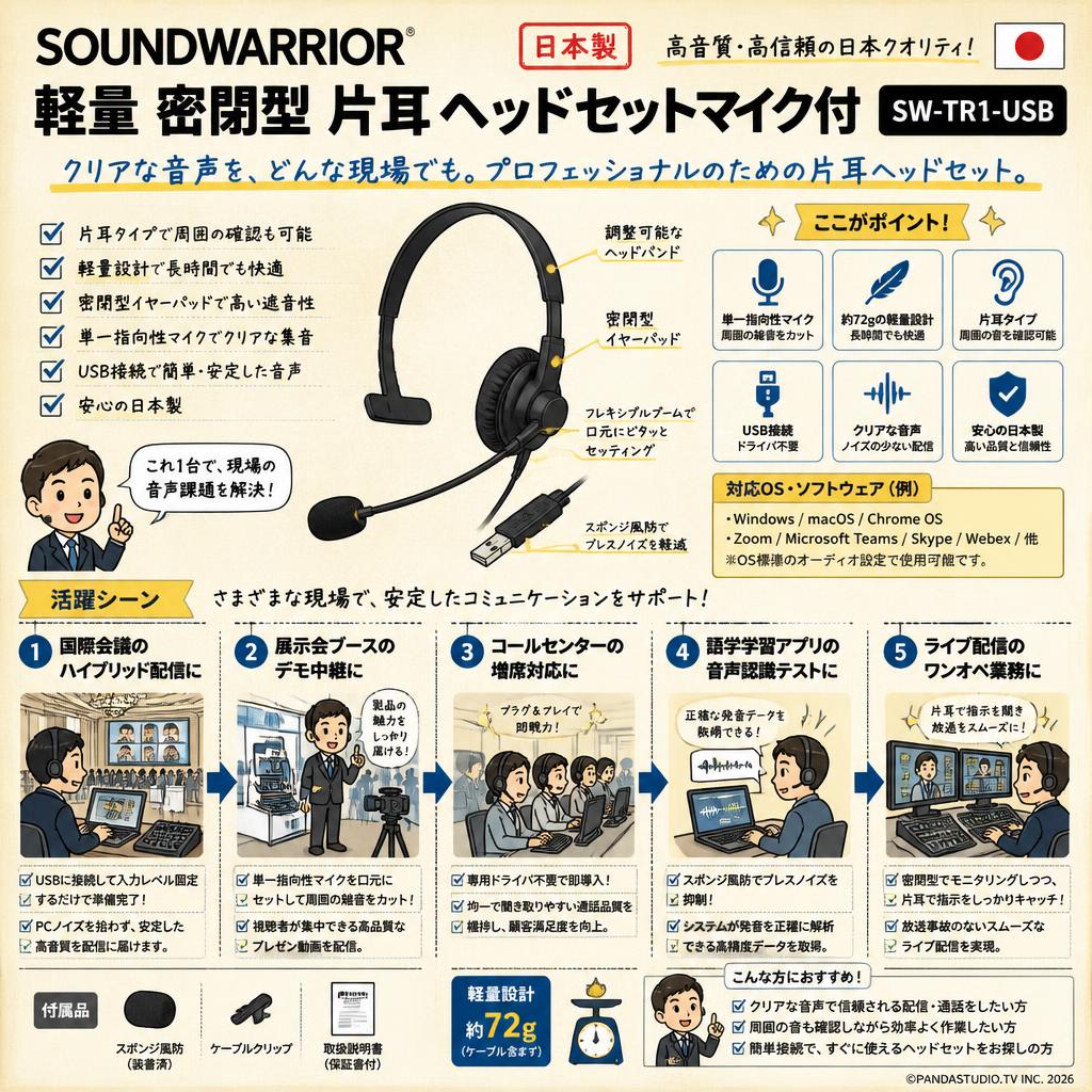 SOUNDWARRIOR 日本製 軽量 密閉型 片耳 ヘッドセットマイク付 SW-TR1-USB 用途