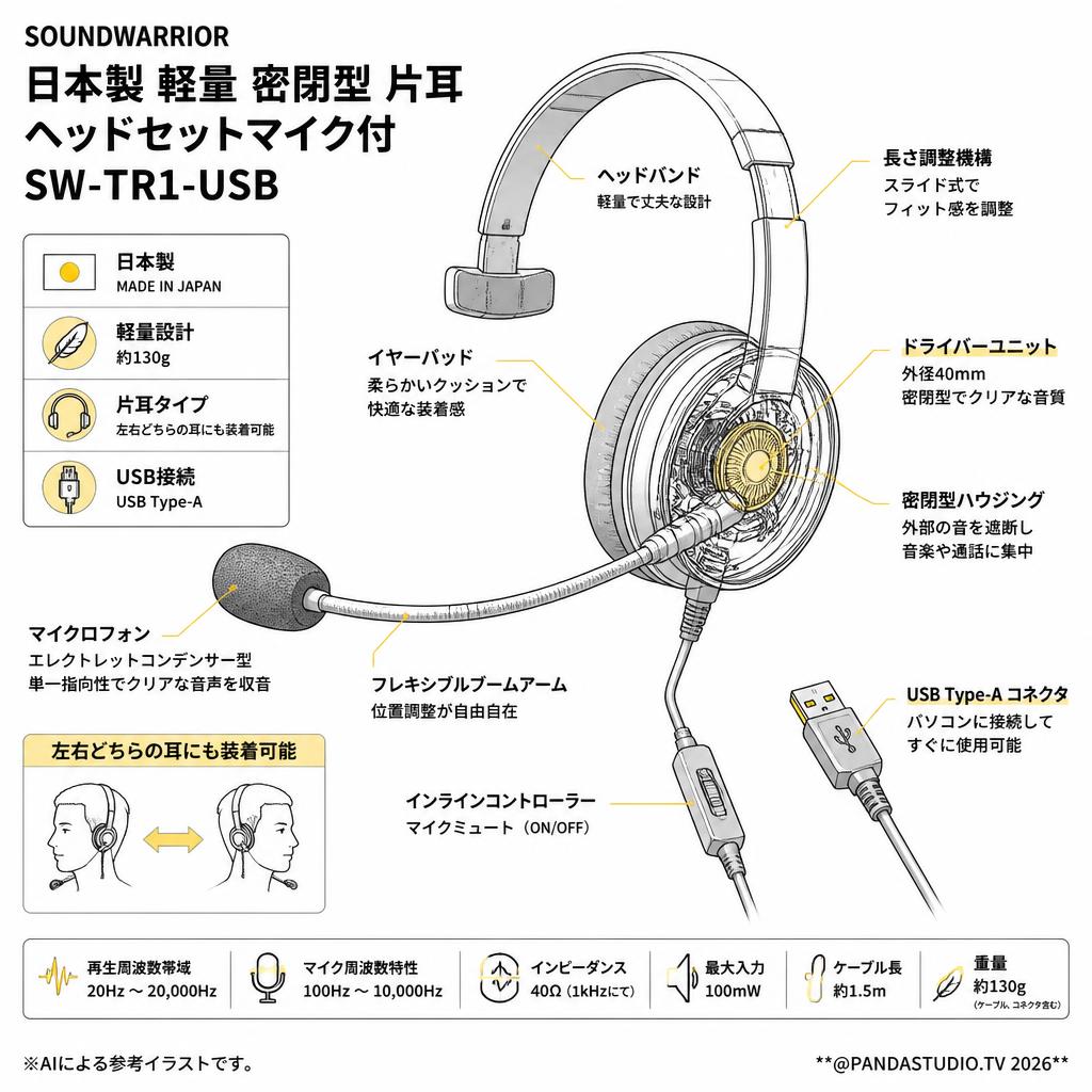 SOUNDWARRIOR 日本製 軽量 密閉型 片耳 ヘッドセットマイク付 SW-TR1-USB スペック