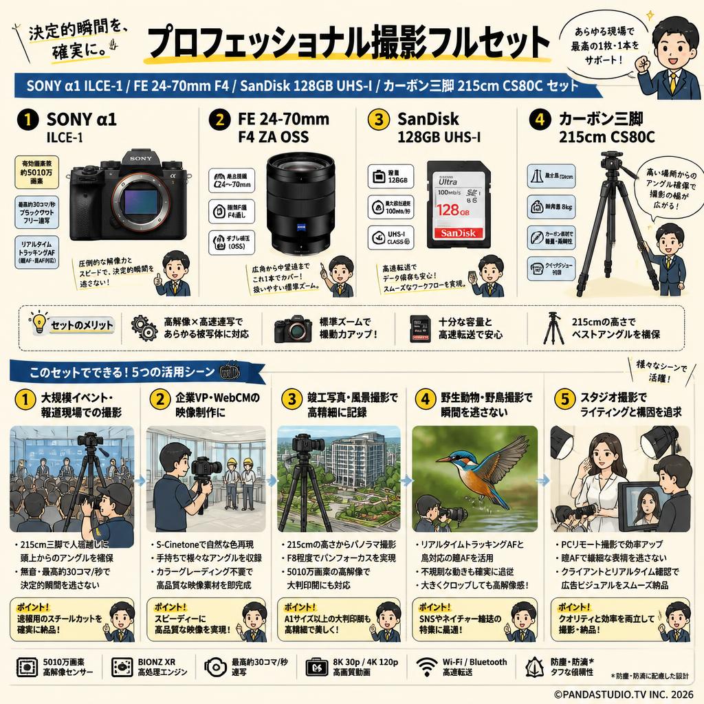 SONY α1 ILCE-1 / FE 24-70mm F4 / SanDisk 128GB UHS-I / カーボン三脚 215cm CS80C セット 用途