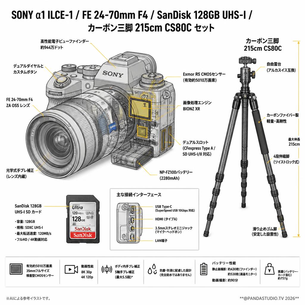 SONY α1 ILCE-1 / FE 24-70mm F4 / SanDisk 128GB UHS-I / カーボン三脚 215cm CS80C セット スペック
