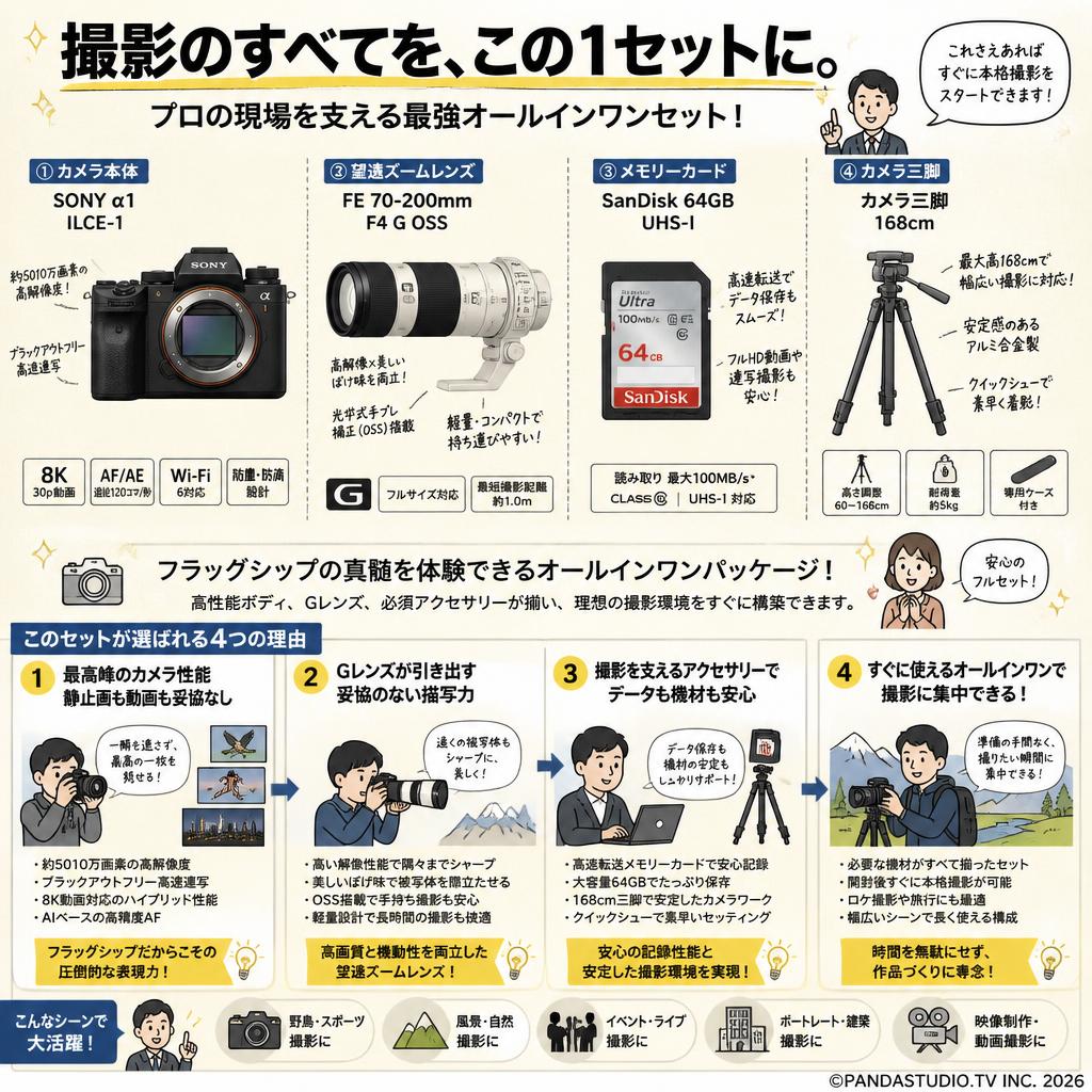 SONY α1 ILCE-1 / FE 70-200mm F4 G OSS / SanDisk  64GB UHS-I / カメラ三脚168cm セット 概要