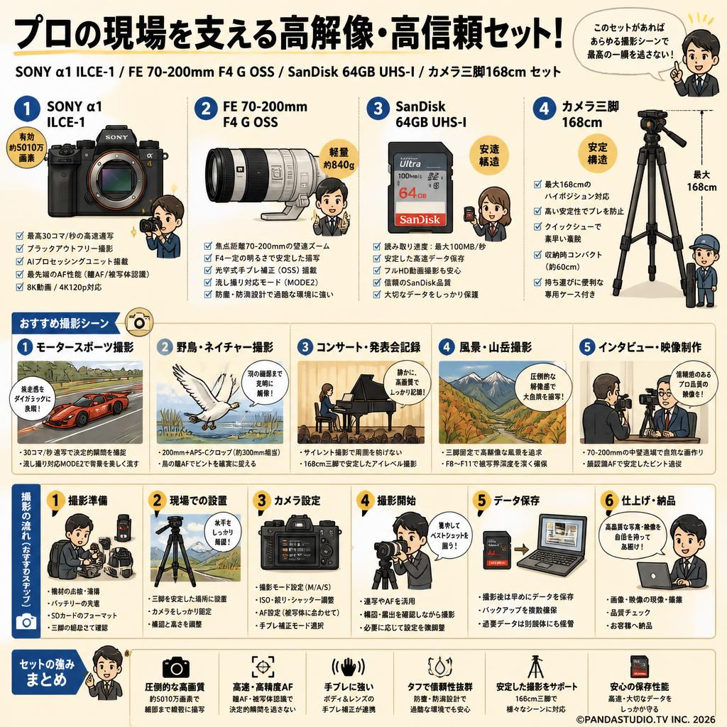SONY α1 ILCE-1 / FE 70-200mm F4 G OSS / SanDisk  64GB UHS-I / カメラ三脚168cm セット 用途