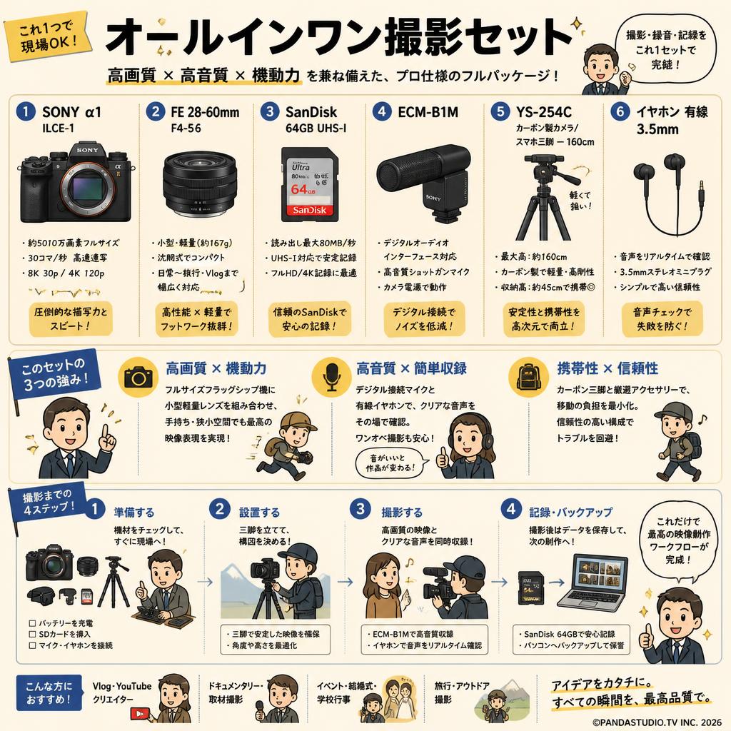 SONY α1 ILCE-1 / FE 28-60mm F4-5.6 / SanDisk  64GB UHS-I / ECM-B1M / YS-254C カーボン製カメラ/スマホ三脚 一 160cm / イヤホン有線 3.5mm セット 概要