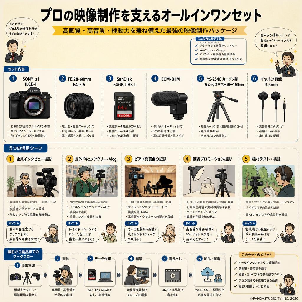 SONY α1 ILCE-1 / FE 28-60mm F4-5.6 / SanDisk  64GB UHS-I / ECM-B1M / YS-254C カーボン製カメラ/スマホ三脚 一 160cm / イヤホン有線 3.5mm セット 用途