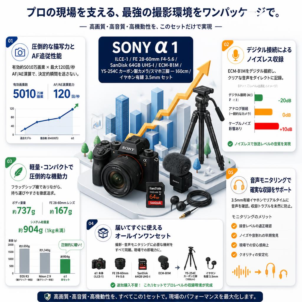 SONY α1 ILCE-1 / FE 28-60mm F4-5.6 / SanDisk  64GB UHS-I / ECM-B1M / YS-254C カーボン製カメラ/スマホ三脚 一 160cm / イヤホン有線 3.5mm セット セールスポイント