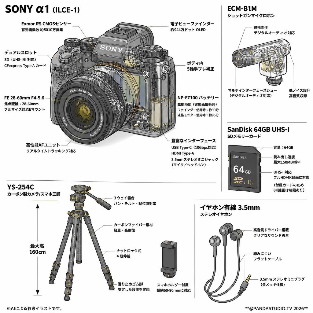 SONY α1 ILCE-1 / FE 28-60mm F4-5.6 / SanDisk  64GB UHS-I / ECM-B1M / YS-254C カーボン製カメラ/スマホ三脚 一 160cm / イヤホン有線 3.5mm セット スペック