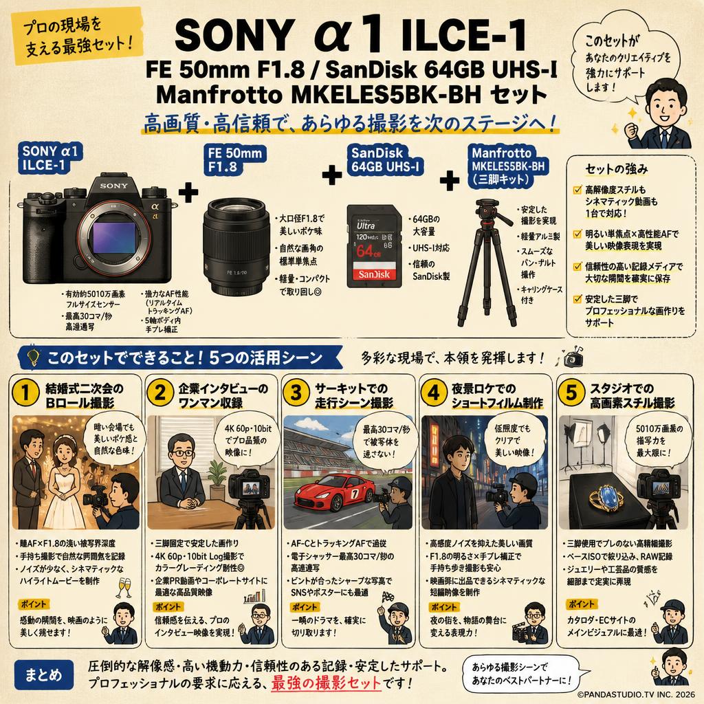 SONY α1 ILCE-1 / FE 50mm F1.8 / SanDisk 64GB UHS-I / Manfrotto MKELES5BK-BH セット 用途