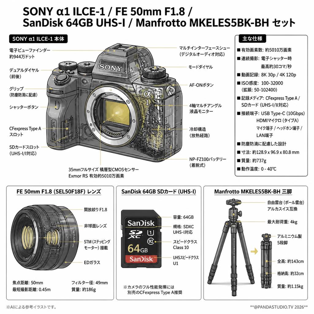 SONY α1 ILCE-1 / FE 50mm F1.8 / SanDisk 64GB UHS-I / Manfrotto MKELES5BK-BH セット スペック