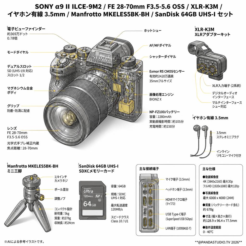 SONY α9 II ILCE-9M2 / FE 28-70mm F3.5-5.6 OSS / XLR-K3M / イヤホン有線 3.5mm / Manfrotto MKELES5BK-BH / SanDisk 64GB UHS-I セット スペック