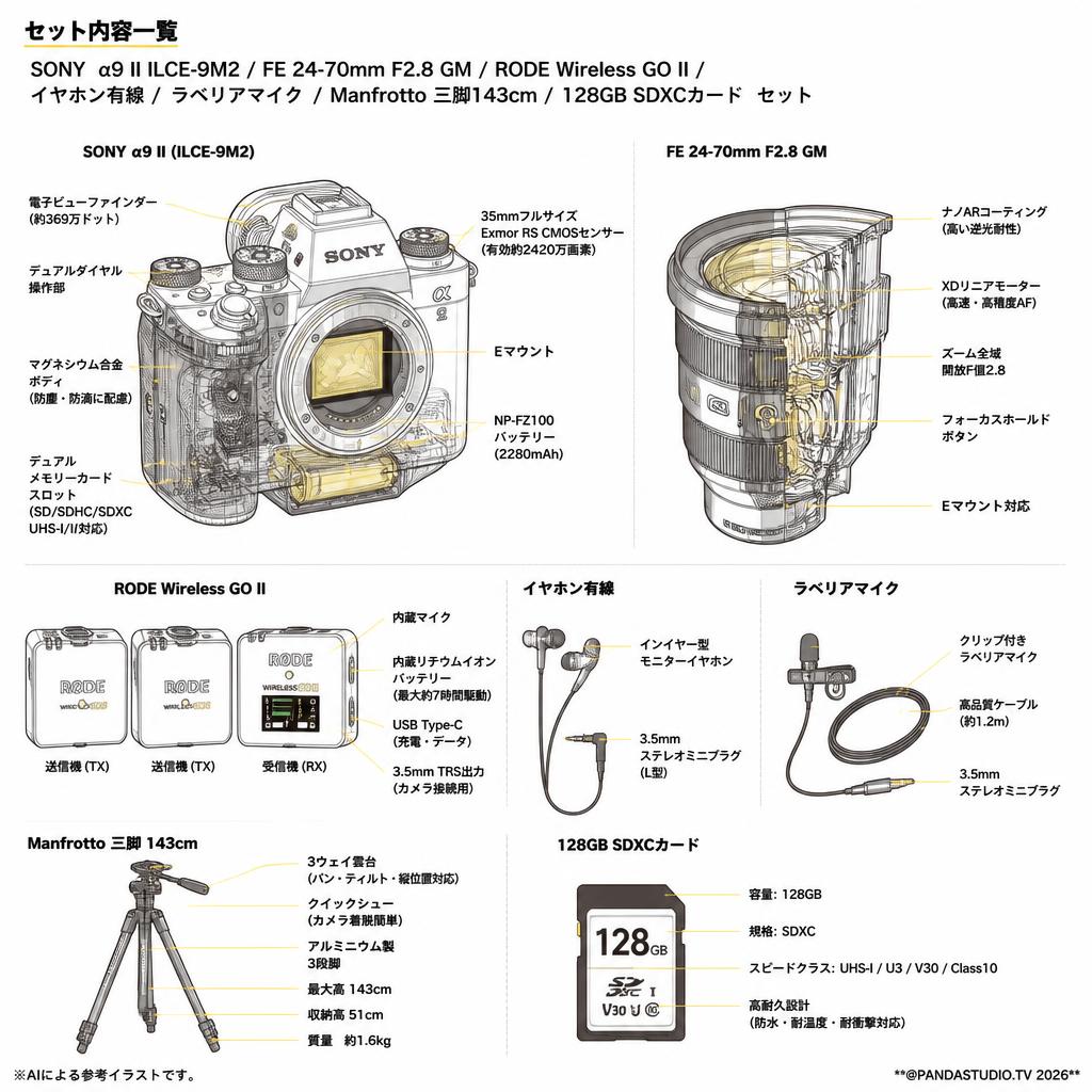 SONY α9 II ILCE-9M2 / FE 24-70mm F2.8 GM / RODE Wireless GO II / イヤホン有線 / ラベリアマイク / Manfrotto 三脚143cm / 128GB SDXCカード セット スペック
