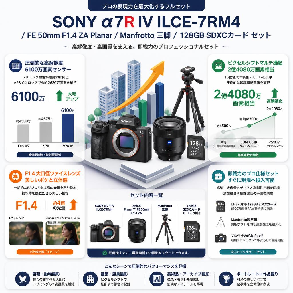 SONY α7R IV ILCE-7RM4 / FE 50mm F1.4 ZA Planar / Manfrotto 三脚 / 128GB SDXCカード セット セールスポイント