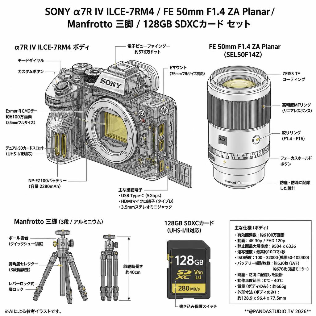 SONY α7R IV ILCE-7RM4 / FE 50mm F1.4 ZA Planar / Manfrotto 三脚 / 128GB SDXCカード セット スペック