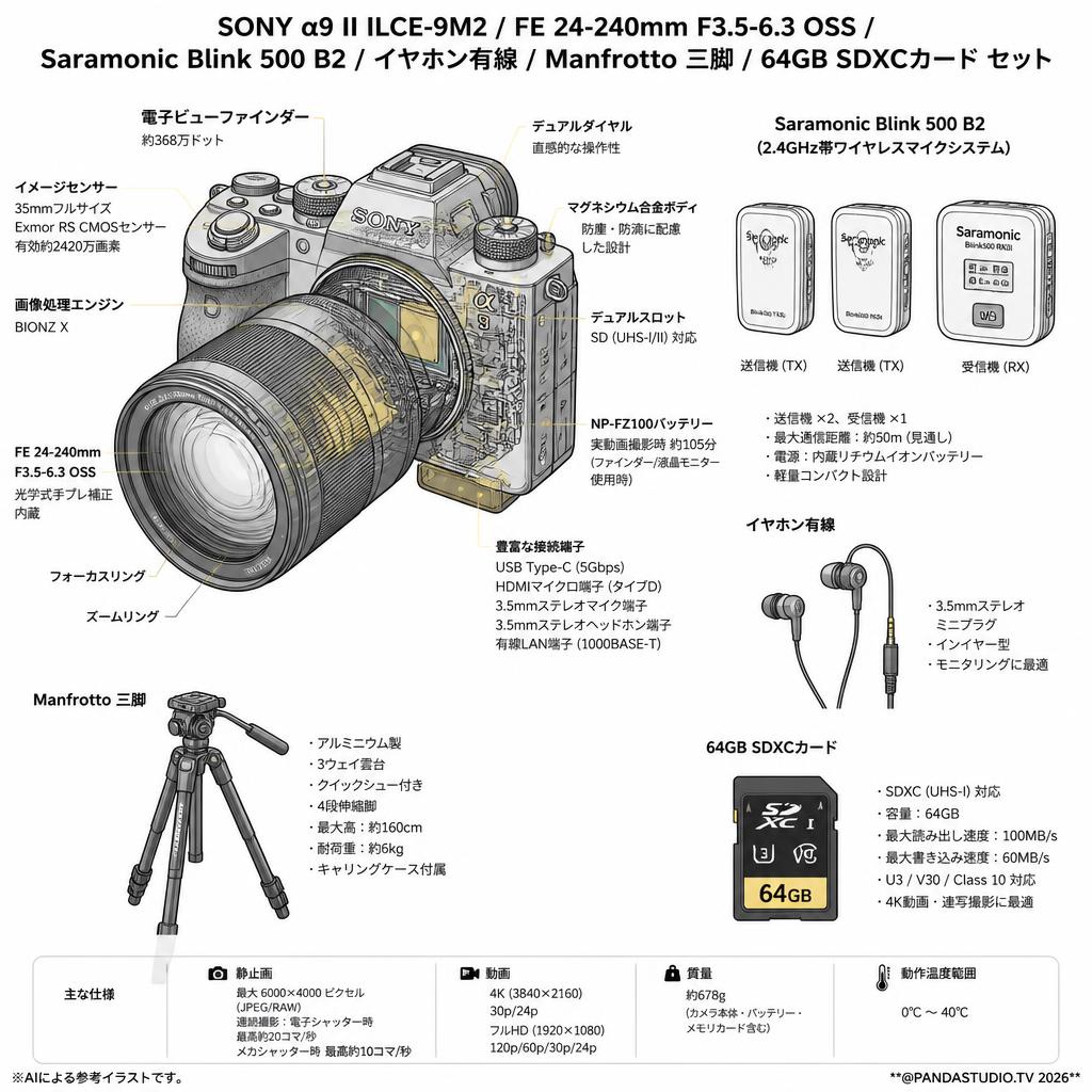 SONY α9 II ILCE-9M2 /  FE 24-240mm F3.5-6.3 OSS / Saramonic Blink 500 B2 / イヤホン有線 / Manfrotto 三脚 / 64GB SDXCカード セット スペック
