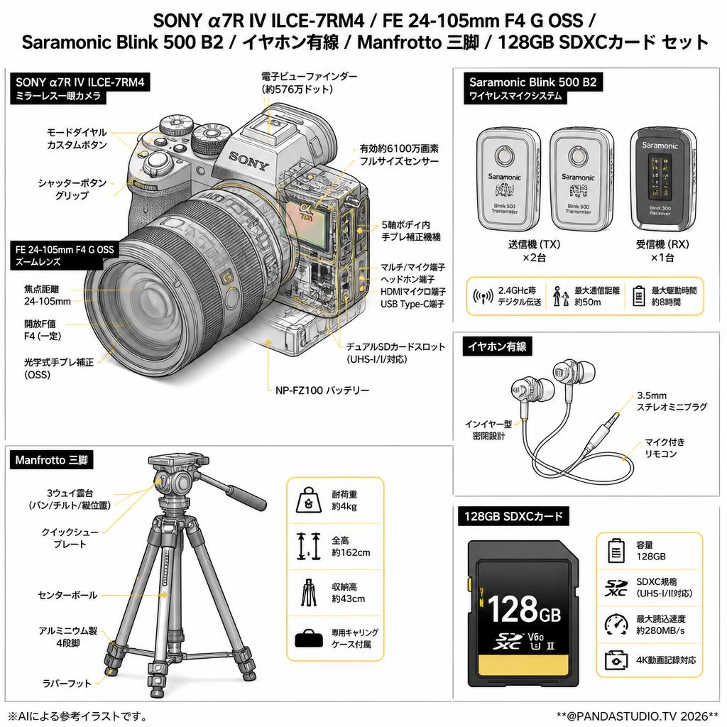 SONY α7R IV ILCE-7RM4 / FE 24-105mm F4 G OSS / Saramonic Blink 500 B2 / イヤホン有線 / Manfrotto 三脚 / 128GB SDXCカード セット スペック