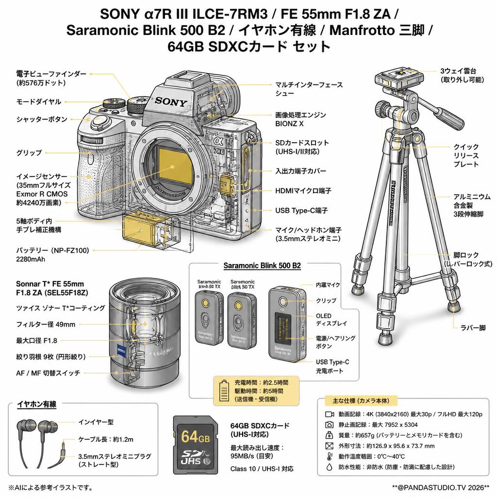 SONY α7R III ILCE-7RM3 / FE 55mm F1.8 ZA / Saramonic Blink 500 B2 / イヤホン有線 / Manfrotto 三脚 / 64GB SDXCカード セット スペック