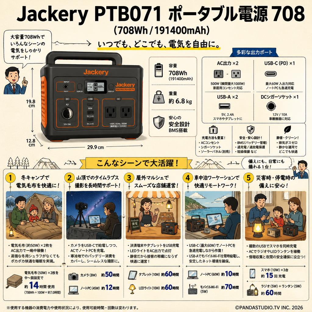 Jackery PTB071 ポータブル電源708(708Wh/191400mAh ) 用途