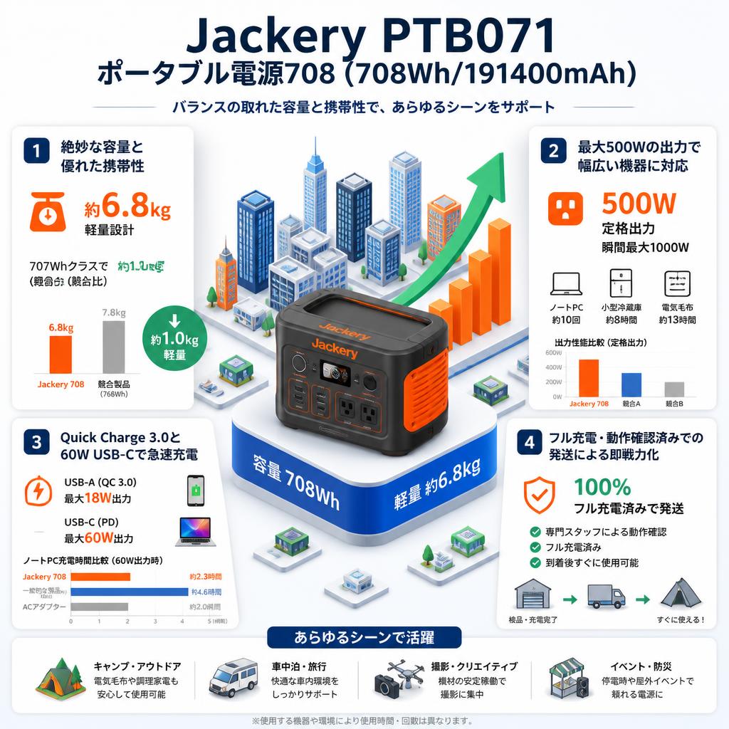Jackery PTB071 ポータブル電源708(708Wh/191400mAh ) セールスポイント
