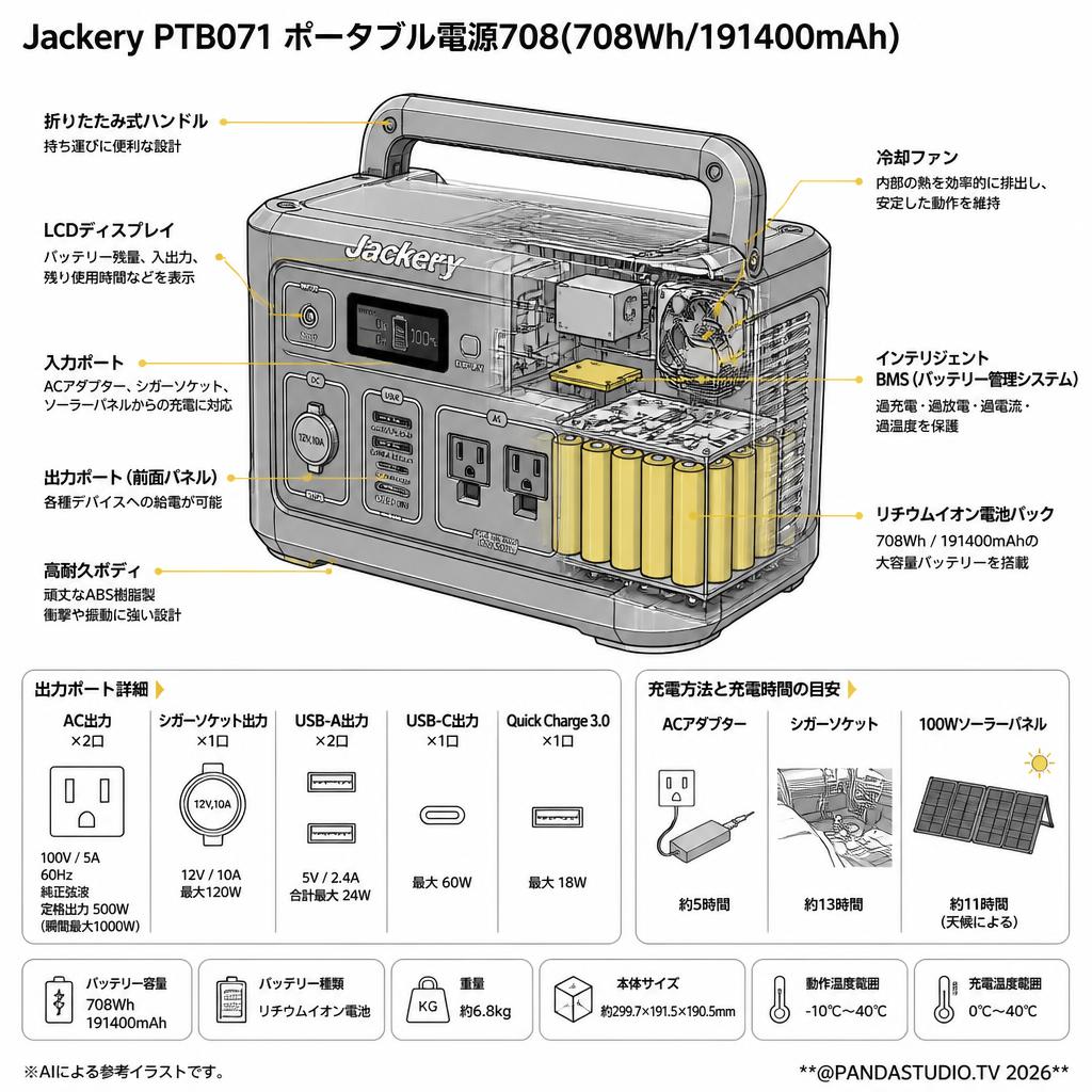 Jackery PTB071 ポータブル電源708(708Wh/191400mAh ) スペック