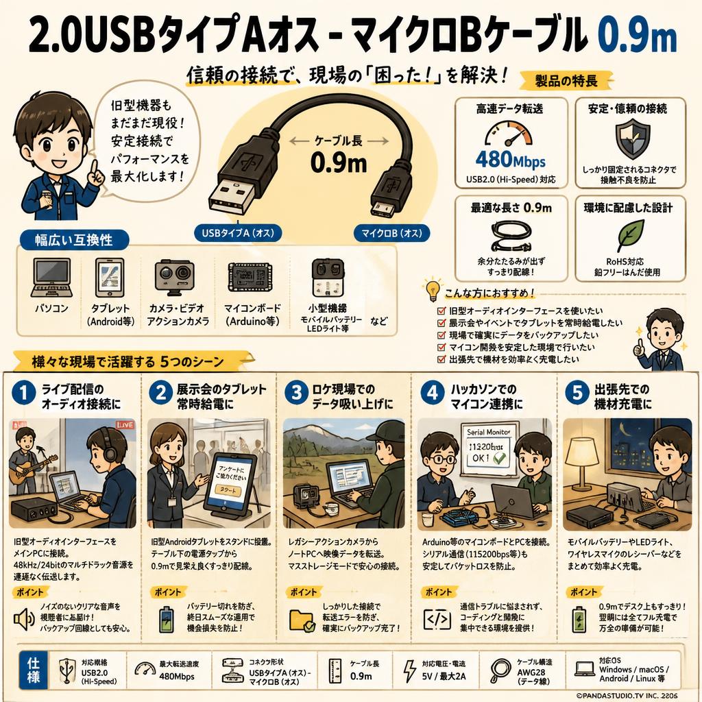 2.0USBタイプAオス - マイクロBケーブル 0.9m 用途