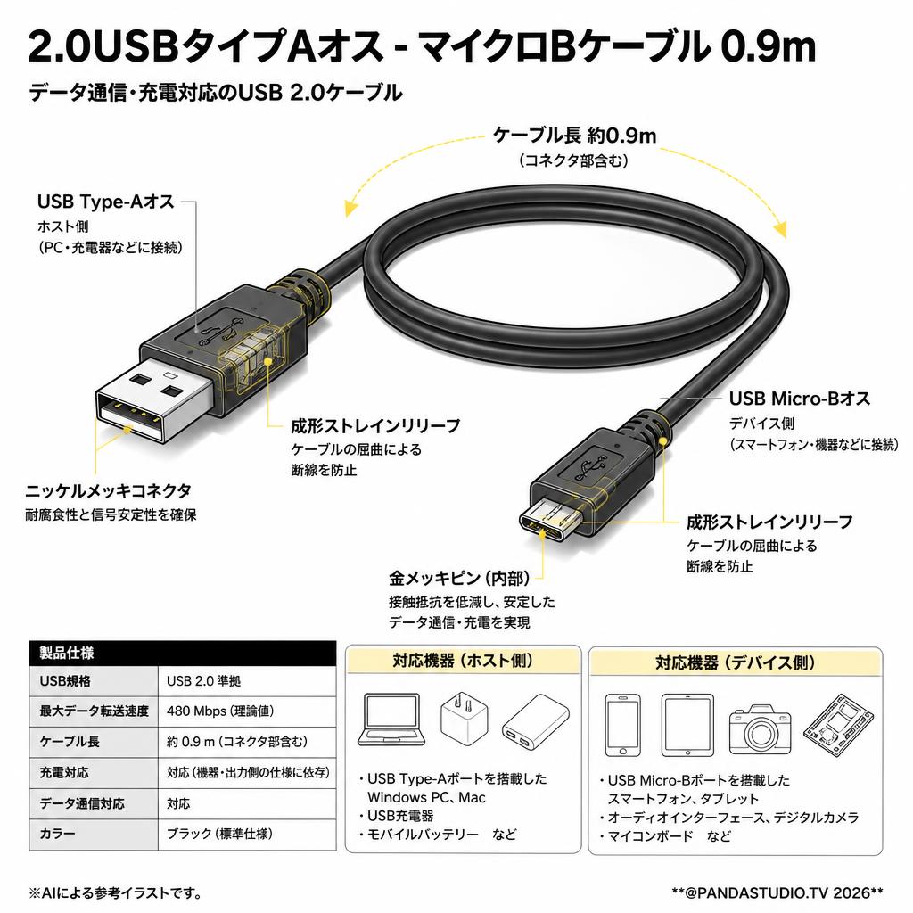 2.0USBタイプAオス - マイクロBケーブル 0.9m スペック