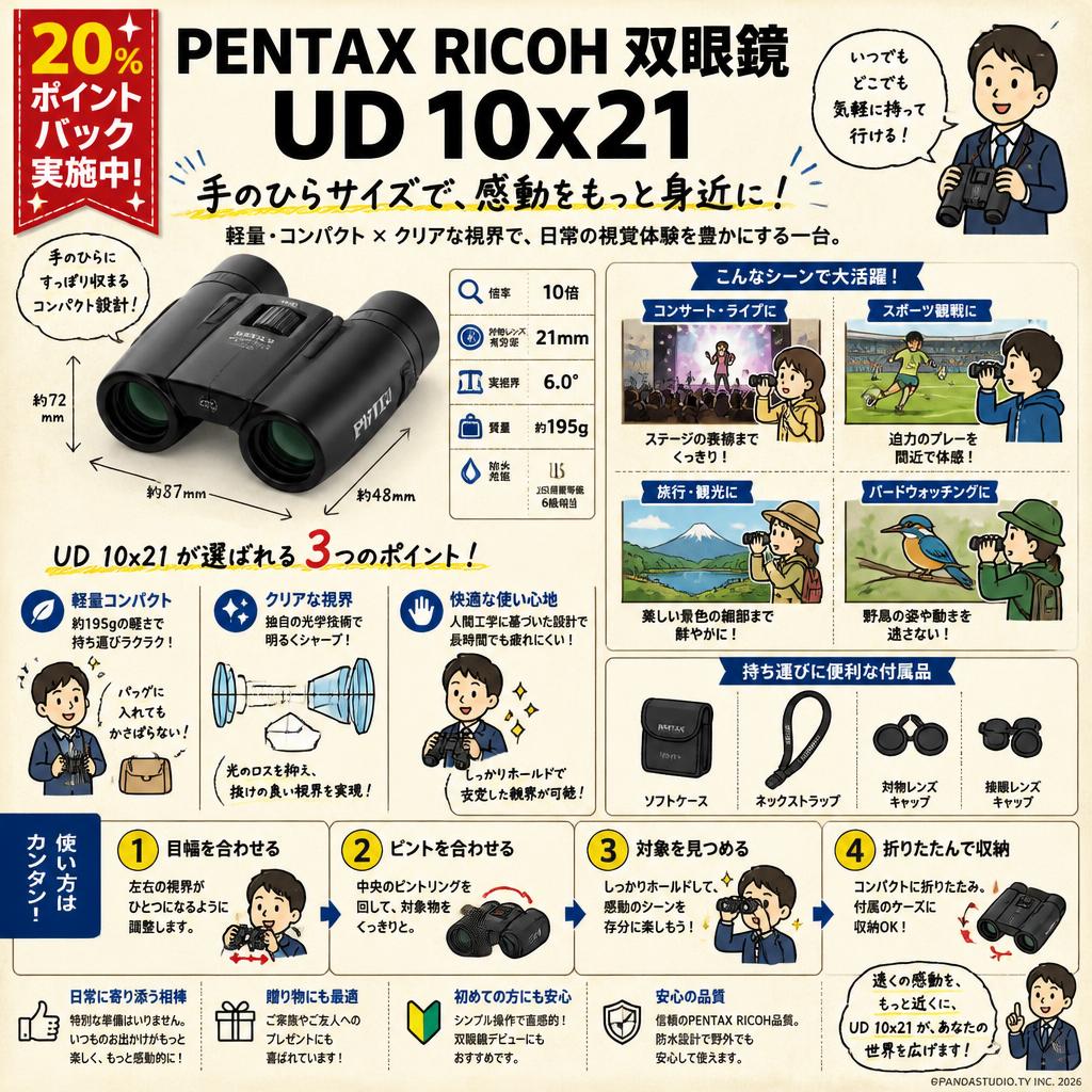 【20%ポイントバック実施中】PENTAX RICOH 双眼鏡 UD 10x21 概要