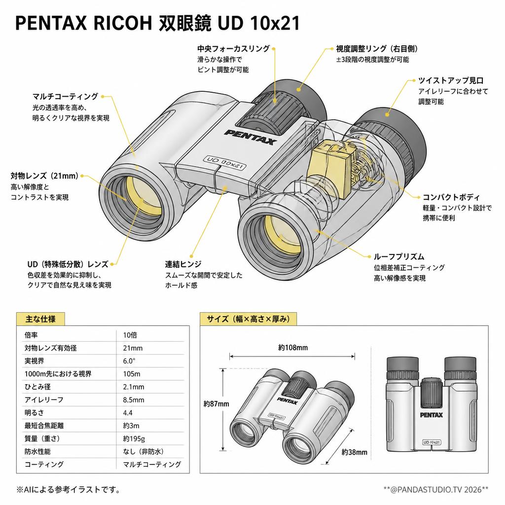 【20%ポイントバック実施中】PENTAX RICOH 双眼鏡 UD 10x21 スペック