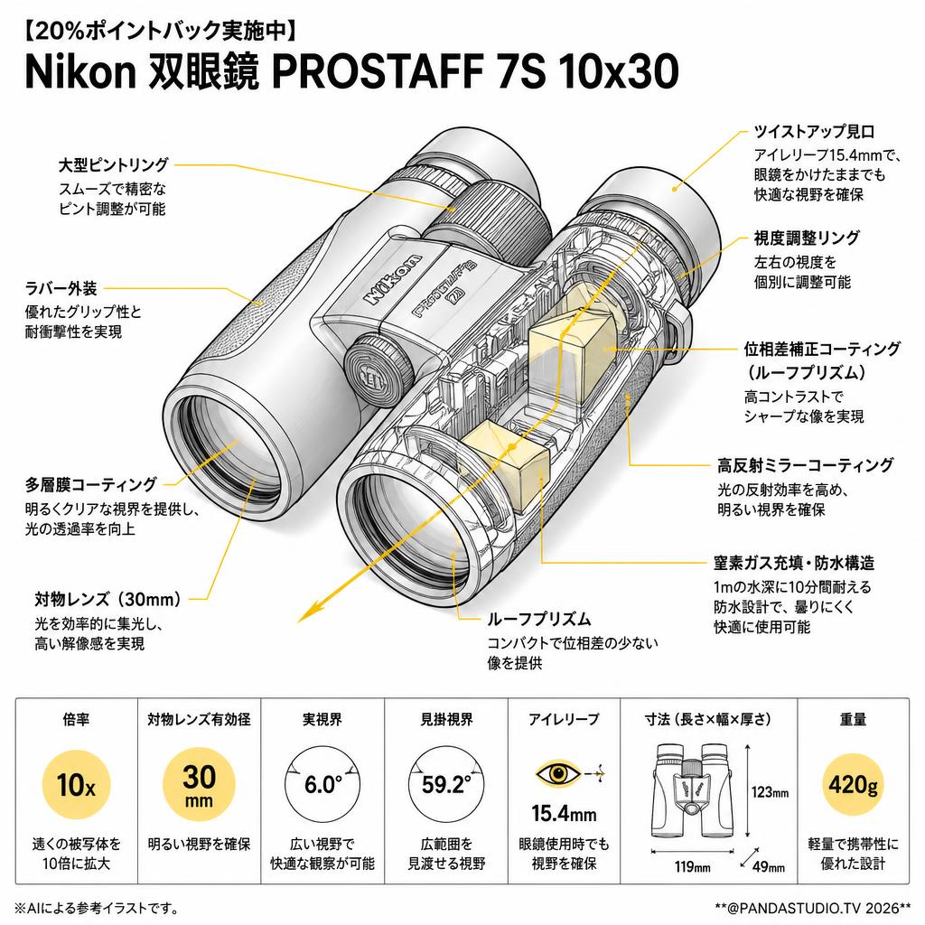 【20%ポイントバック実施中】Nikon 双眼鏡 PROSTAFF 7S 10x30 スペック
