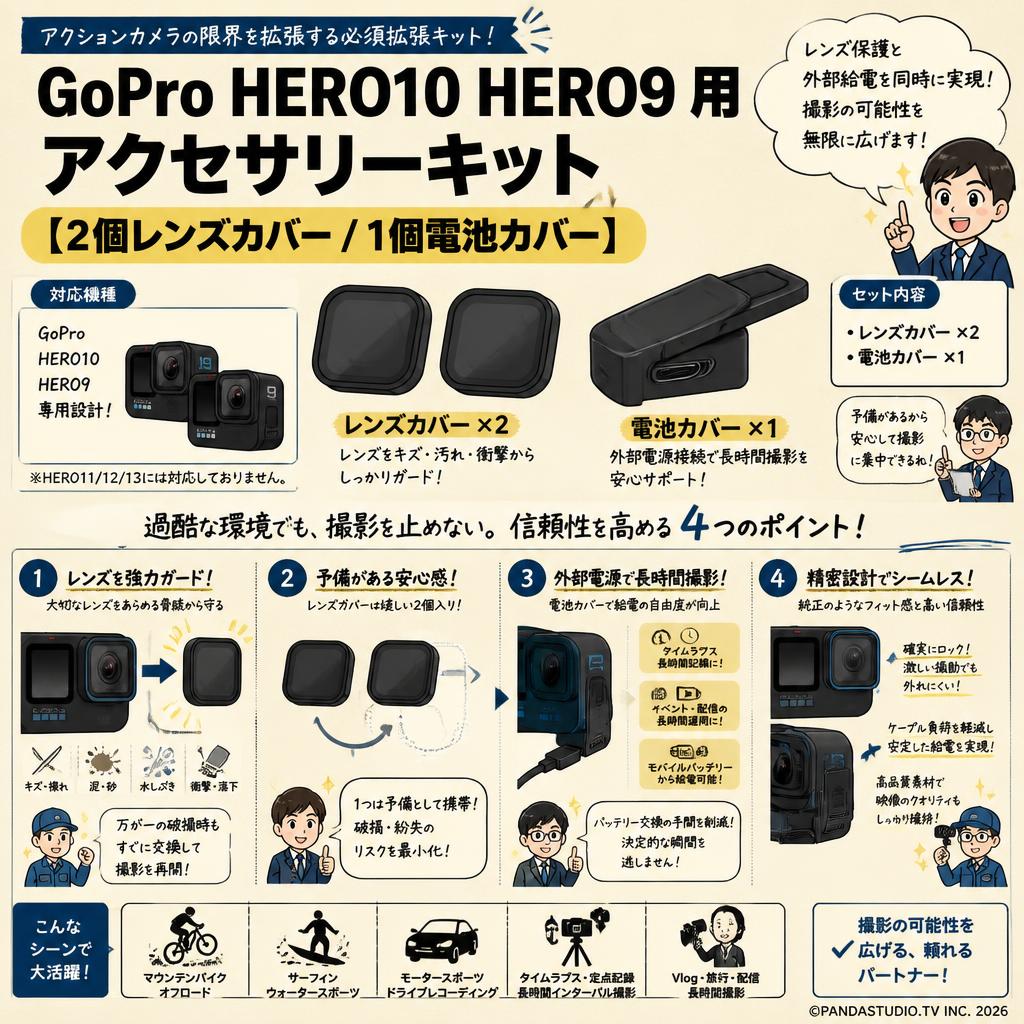 GoPro HERO10 HERO9 用アクセサリーキット【２個レンズカバー/1個電池カバー】 概要