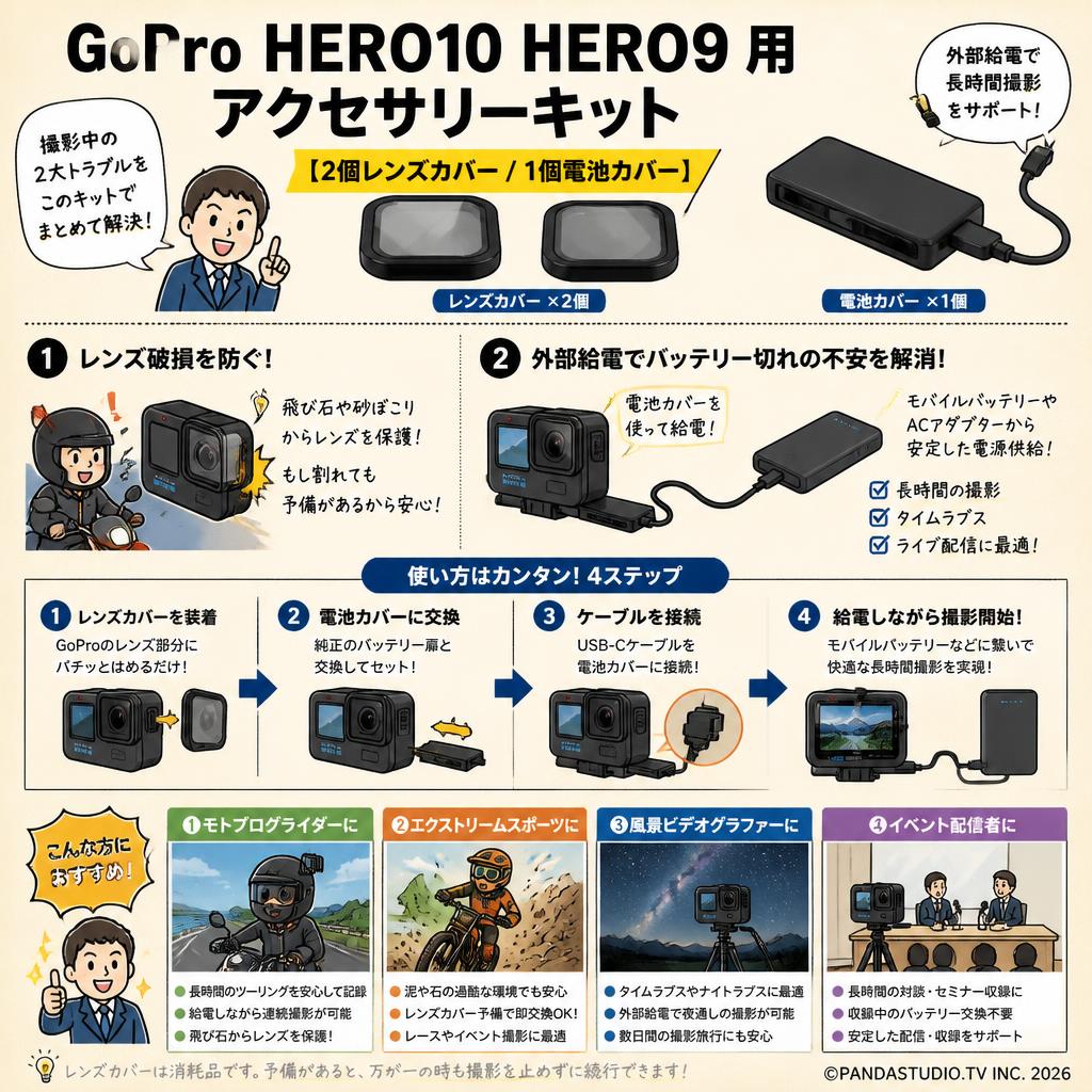 GoPro HERO10 HERO9 用アクセサリーキット【２個レンズカバー/1個電池カバー】 おもな対象のお客様