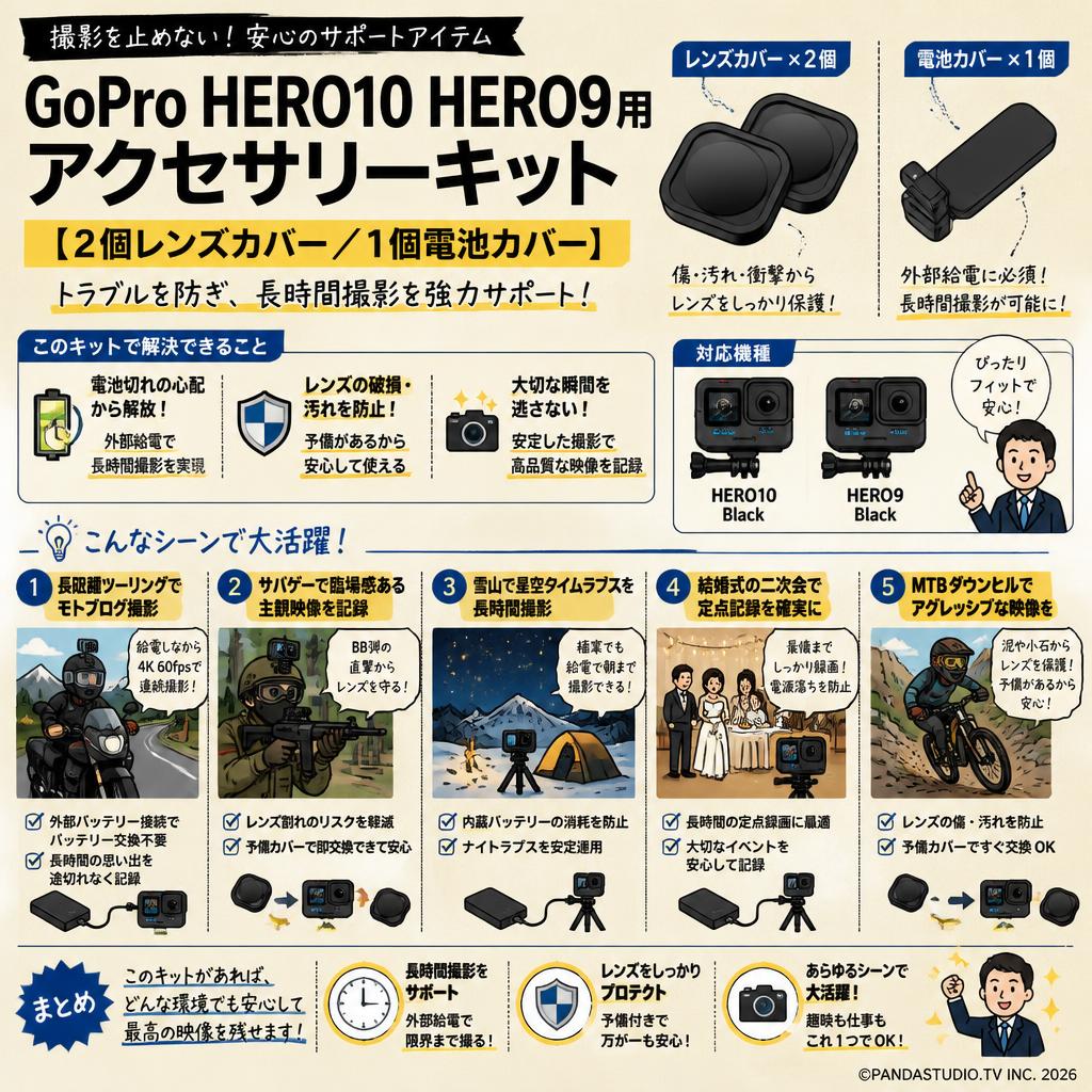 GoPro HERO10 HERO9 用アクセサリーキット【２個レンズカバー/1個電池カバー】 用途