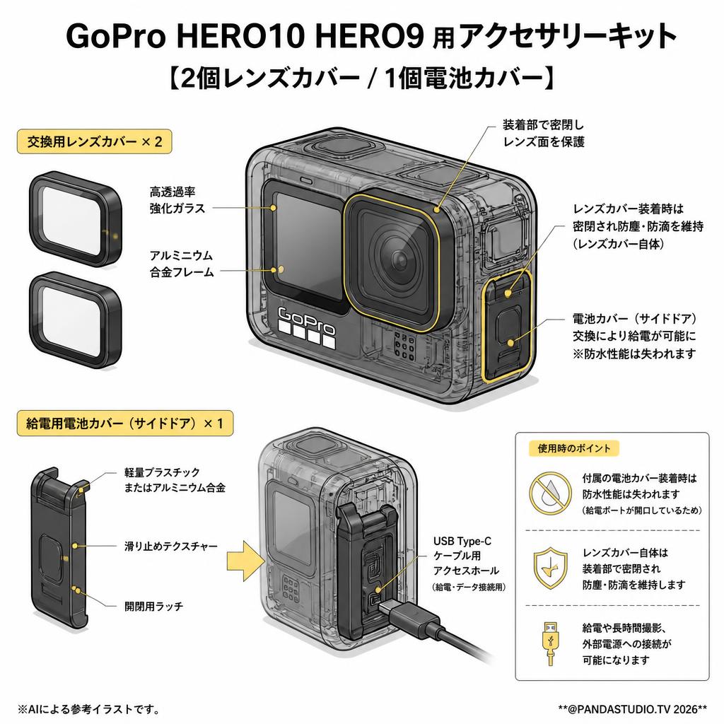 GoPro HERO10 HERO9 用アクセサリーキット【２個レンズカバー/1個電池カバー】 スペック