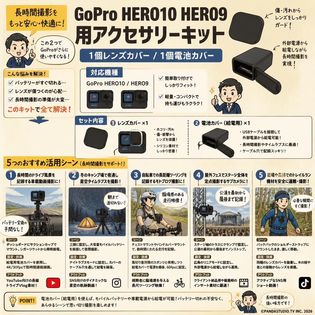 GoPro HERO10 HERO9 用アクセサリーキット【 1個レンズカバー/ 1個電池カバー】 用途