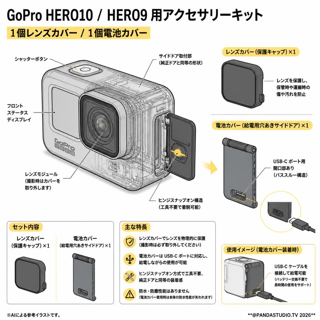 GoPro HERO10 HERO9 用アクセサリーキット【 1個レンズカバー/ 1個電池カバー】 スペック