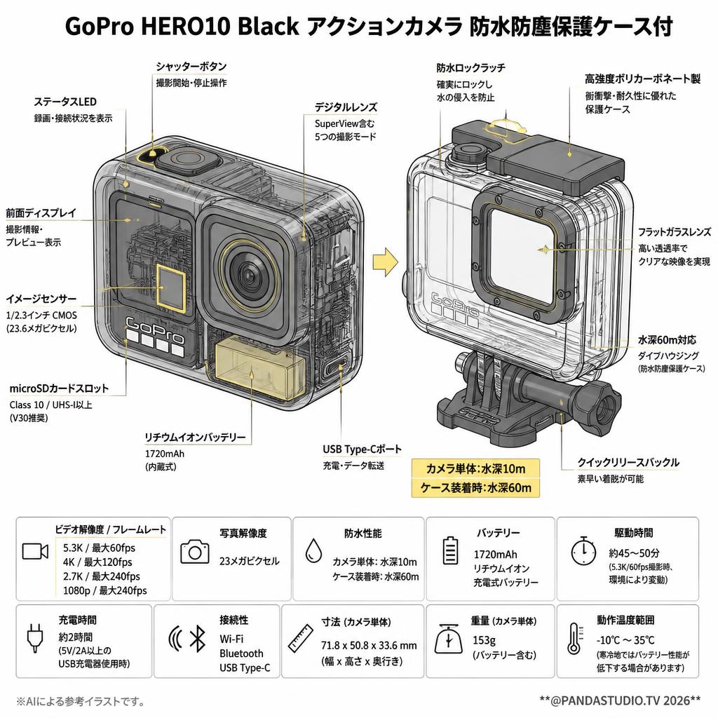 GoPro HERO10 Black アクションカメラ防水防塵保護ケース付 スペック