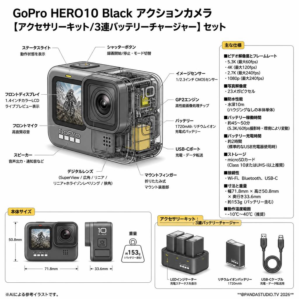 GoPro HERO10 Black アクションカメラ【アクセサリーキット/3連バッテリーチャージャー】セット スペック