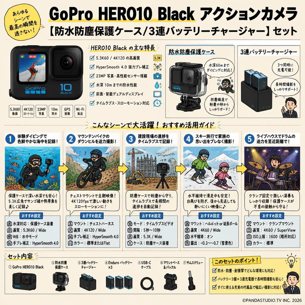 GoPro HERO10 Black アクションカメラ【防水防塵保護ケース/3連バッテリーチャージャー】セット 用途