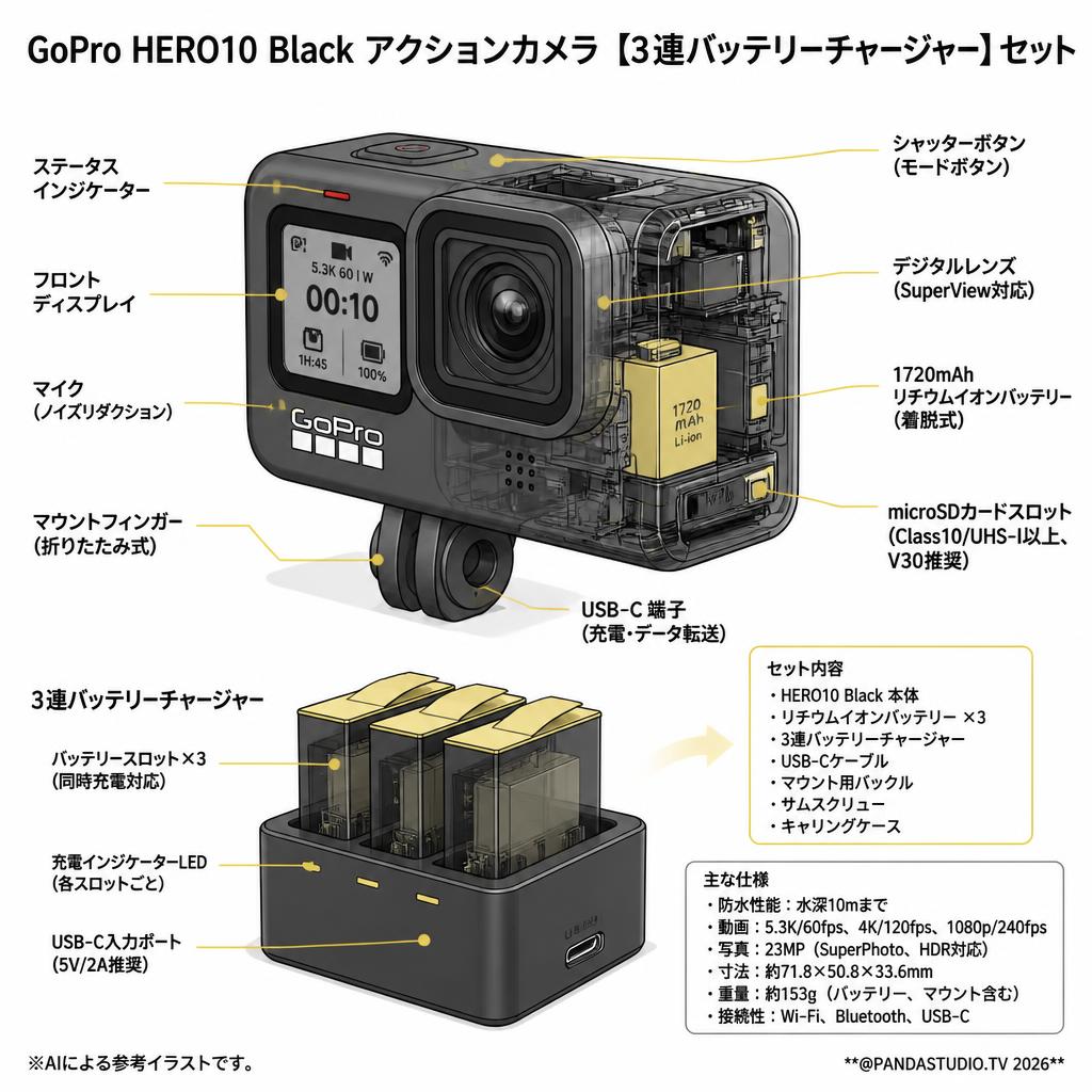 GoPro HERO10 Black アクションカメラ【3連バッテリーチャージャー】セット スペック