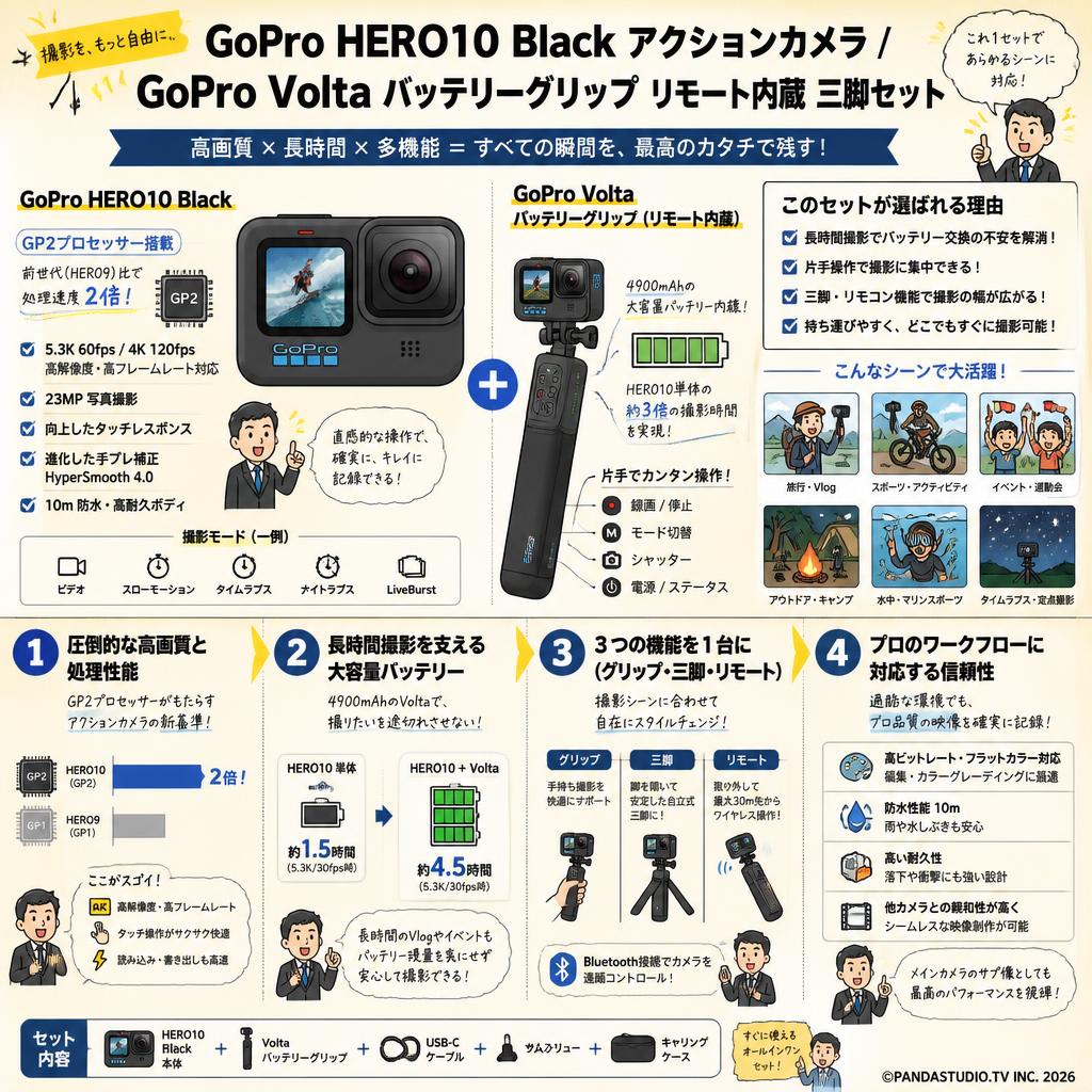 GoPro HERO10 Black アクションカメラ/GoPro Volta バッテリーグリップ リモート内蔵 三脚セット 概要