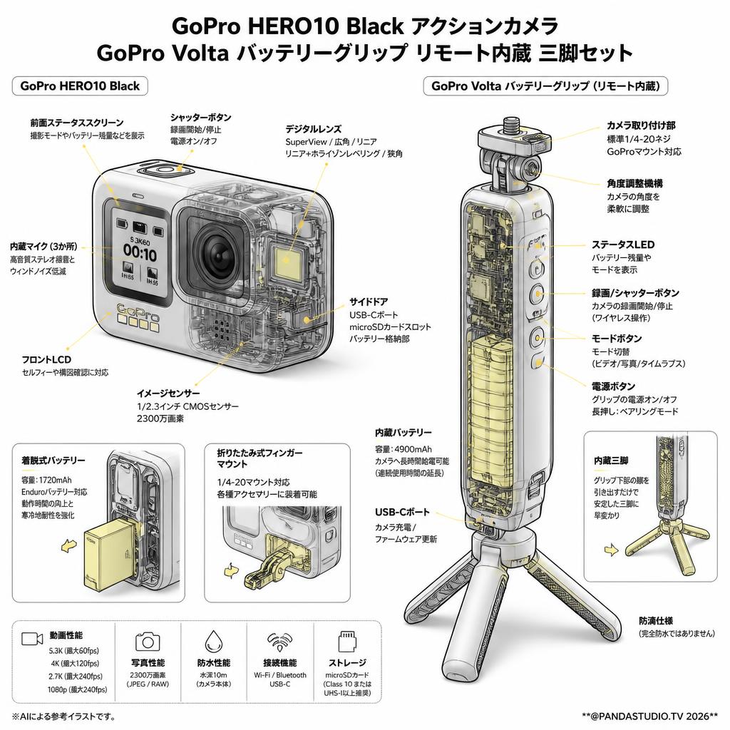 GoPro HERO10 Black アクションカメラ/GoPro Volta バッテリーグリップ リモート内蔵 三脚セット スペック