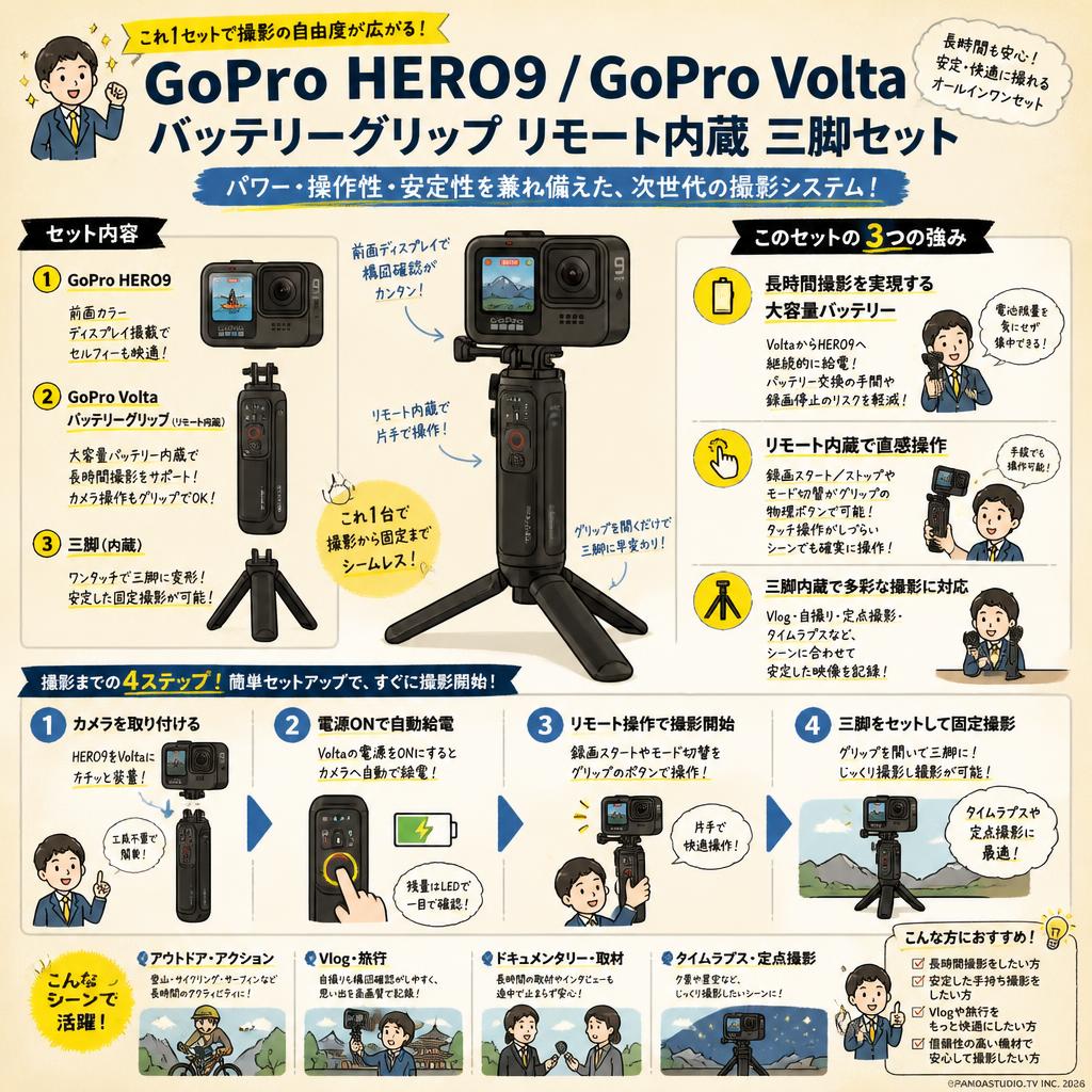 GoPro HERO9 / GoPro Volta バッテリーグリップ リモート内蔵 三脚セット 概要