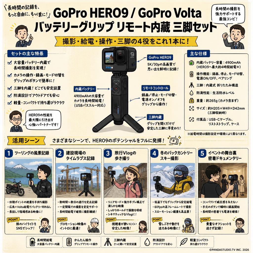 GoPro HERO9 / GoPro Volta バッテリーグリップ リモート内蔵 三脚セット 用途