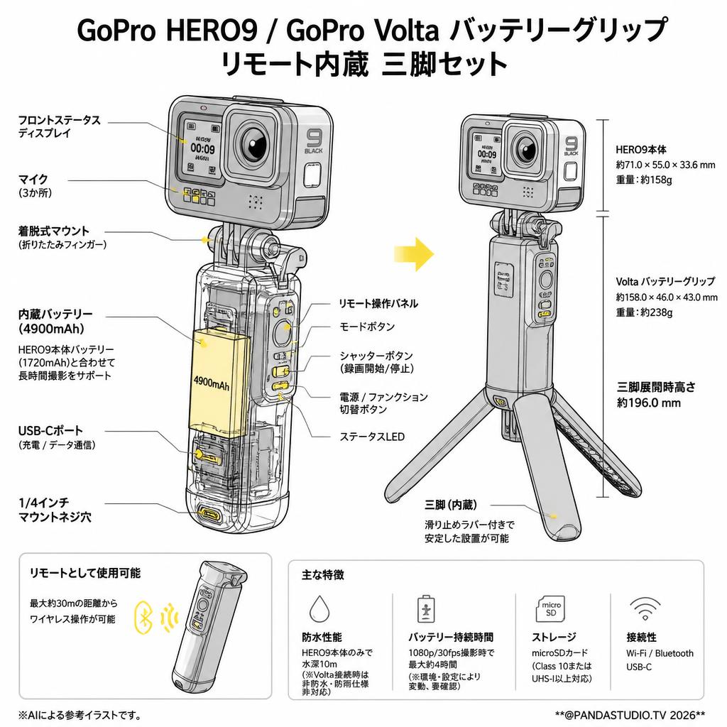 GoPro HERO9 / GoPro Volta バッテリーグリップ リモート内蔵 三脚セット スペック