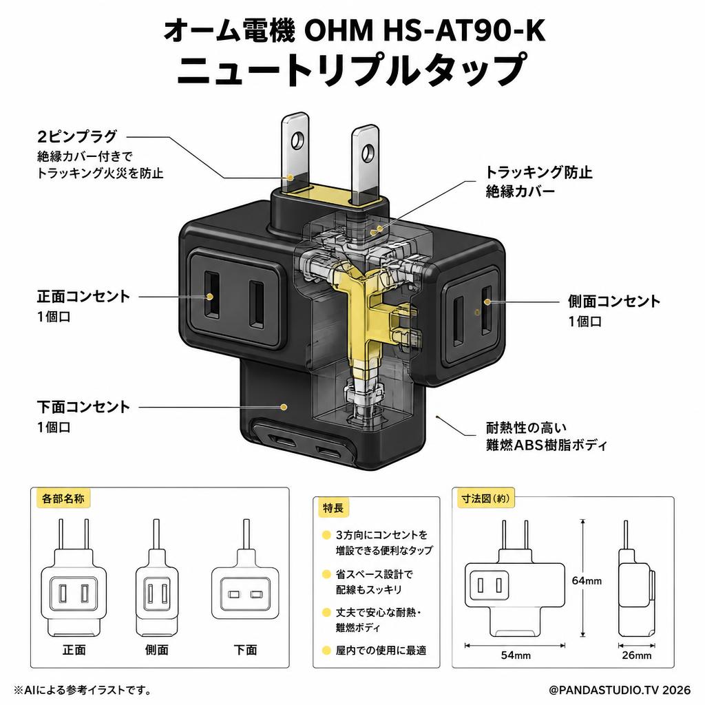 オーム電機 OHM HS-AT90-K [04-7274 ニュートリプルタップ ] スペック