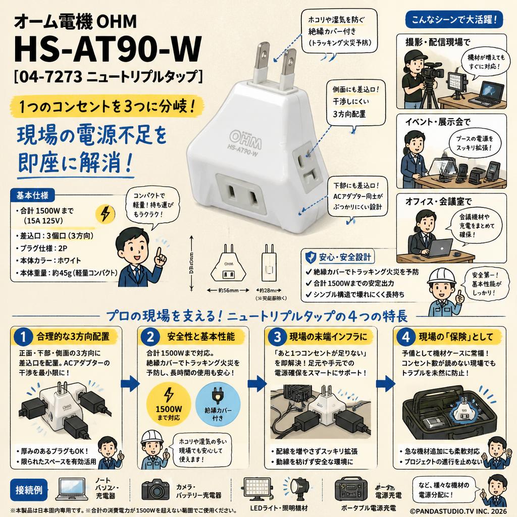 オーム電機 OHM HS-AT90-W [04-7273 ニュートリプルタップ ] 概要