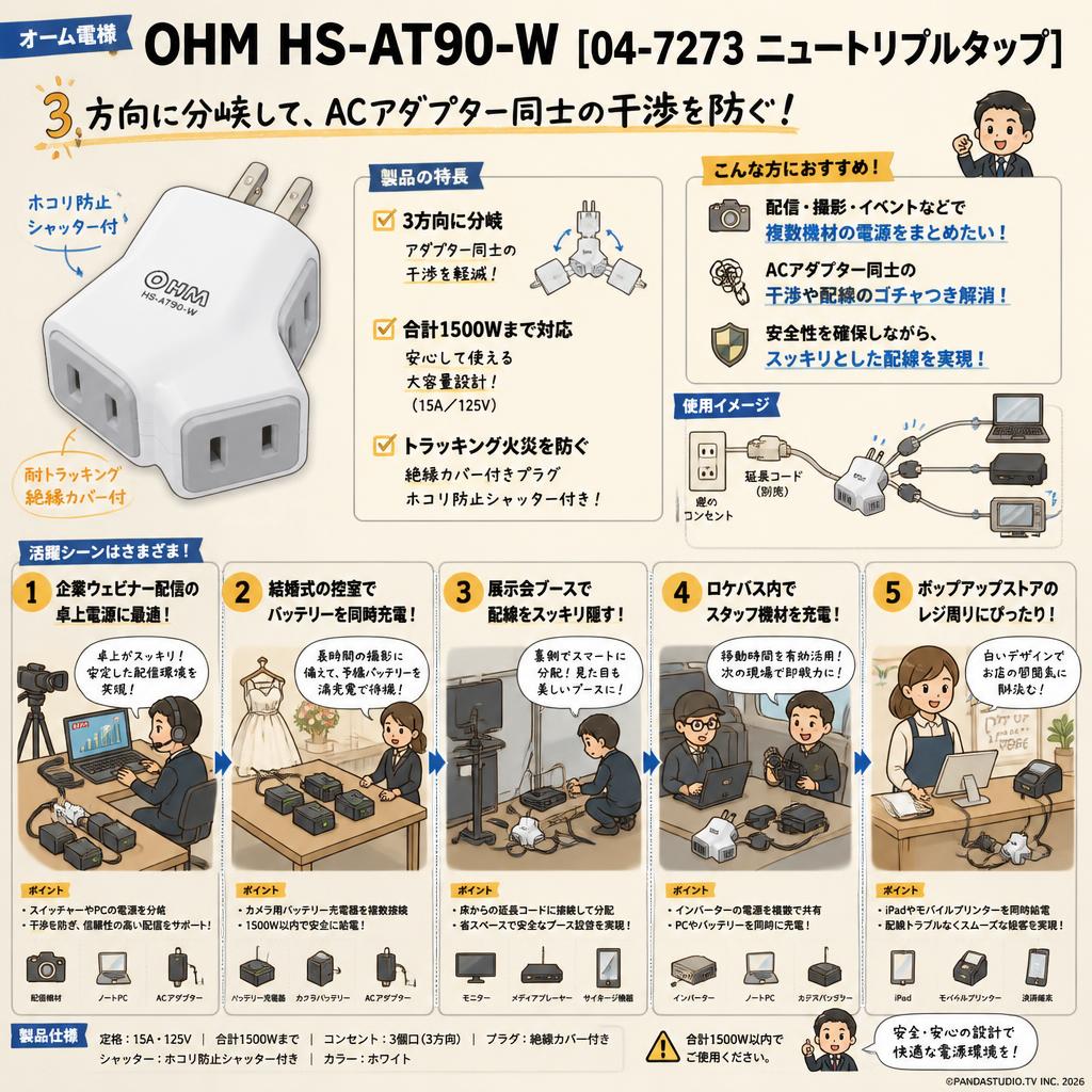 オーム電機 OHM HS-AT90-W [04-7273 ニュートリプルタップ ] 用途