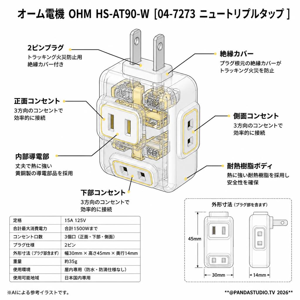 オーム電機 OHM HS-AT90-W [04-7273 ニュートリプルタップ ] スペック