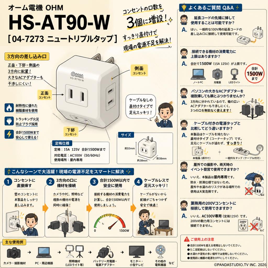 オーム電機 OHM HS-AT90-W [04-7273 ニュートリプルタップ ] FAQ（よくある質問と答え）