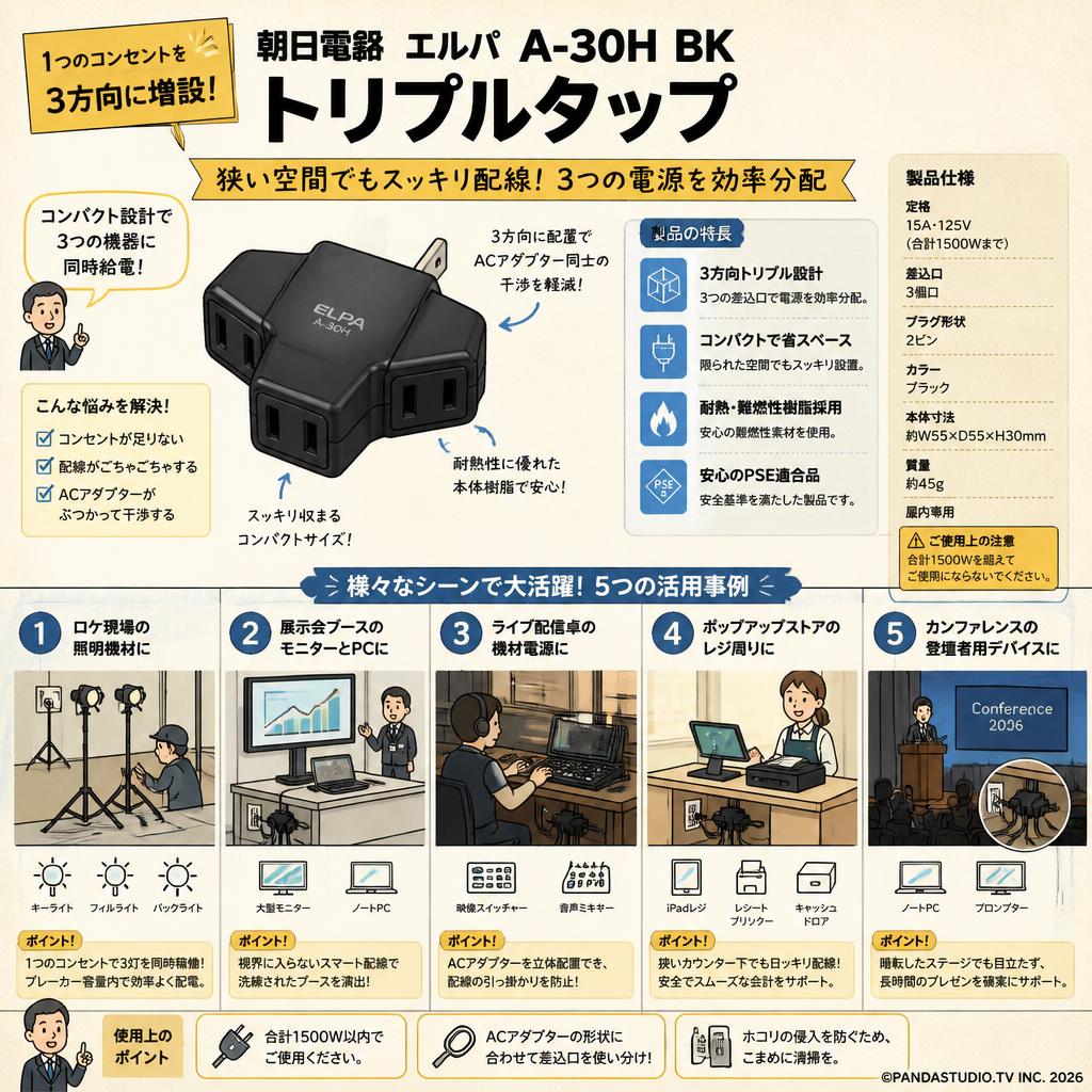 朝日電器 エルパ A-30H BK トリプルタップ 用途
