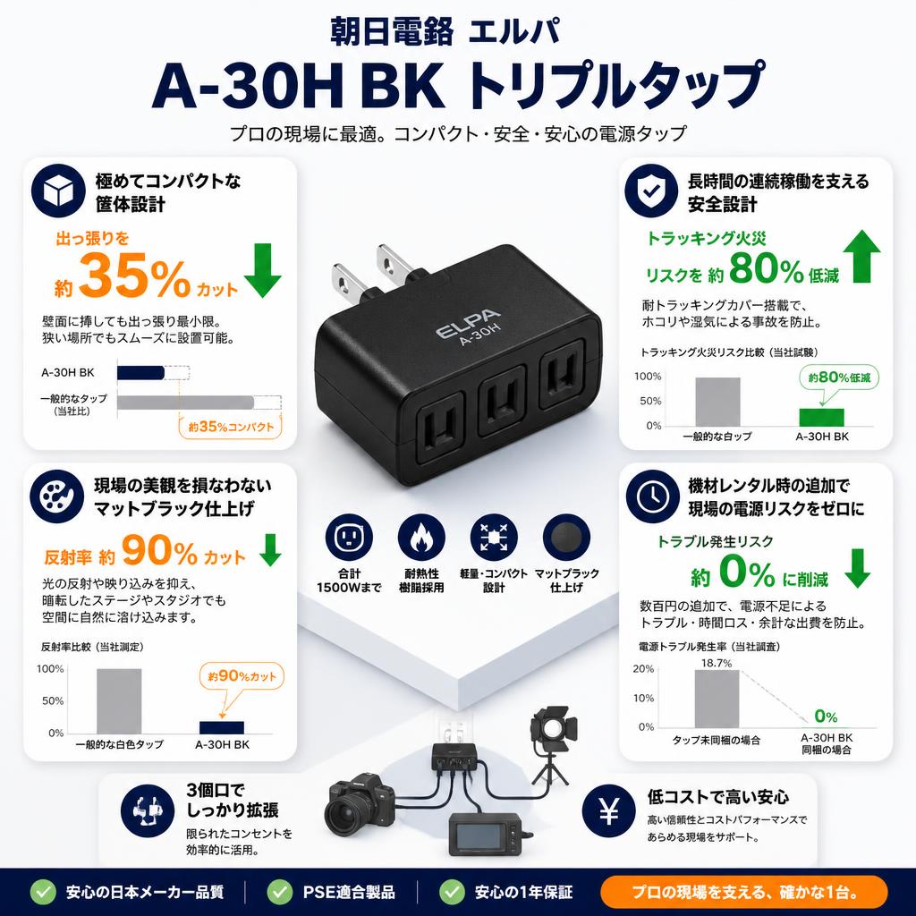 朝日電器 エルパ A-30H BK トリプルタップ セールスポイント