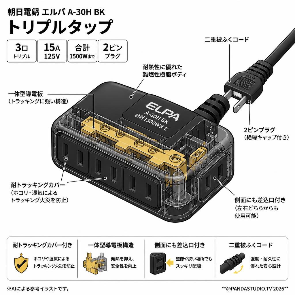 朝日電器 エルパ A-30H BK トリプルタップ スペック